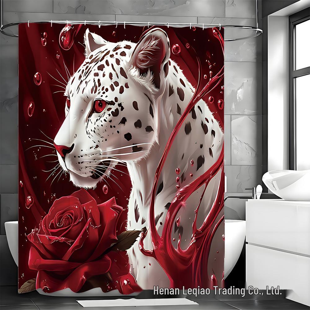 Набор для ванны "Роза и Леопард": Шторка для душа, Нескользящий коврик, Чехол на крышку унитаза, Коврик для ванной комнаты и 12 крючков