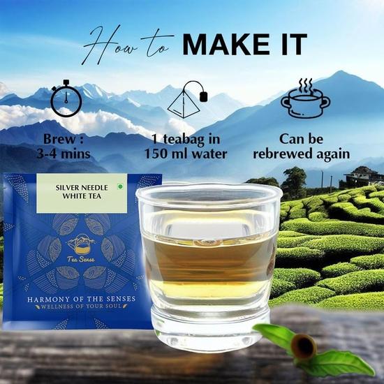 TEA SENSE Silver Needle White Tea | 15 Pc | Pyramid Tea Bags In Sealed Pouches | Premium Organic Luxury Tea | Can Be Rebrewed