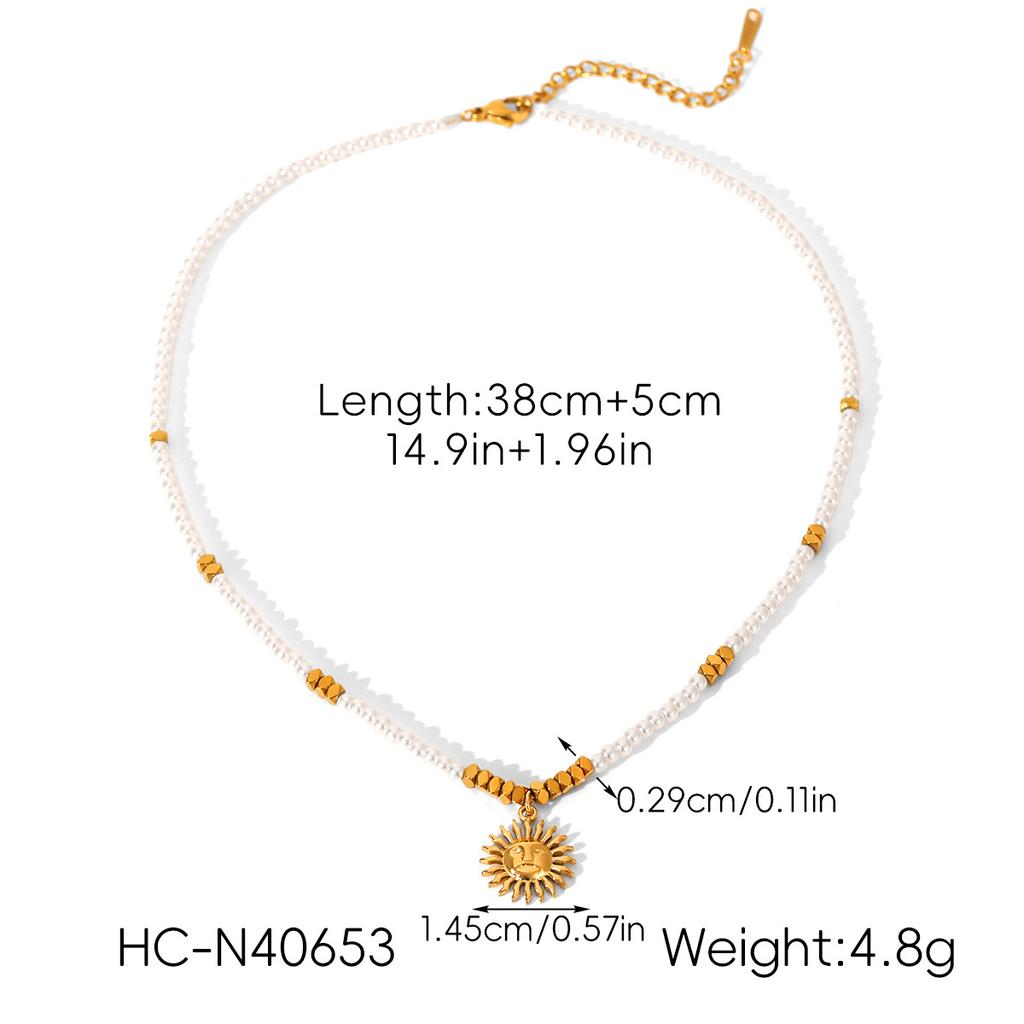 Euro-American style pearl chain stainless steel sunflower pendant necklace for women, high-end accessory and outfit jewelry