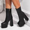 Fashion Chunky Platform Boots Women 2024 New High Heels Ankle Boots for Women Black Leather Square Toe Zipper Women Shoes Botas Mujer