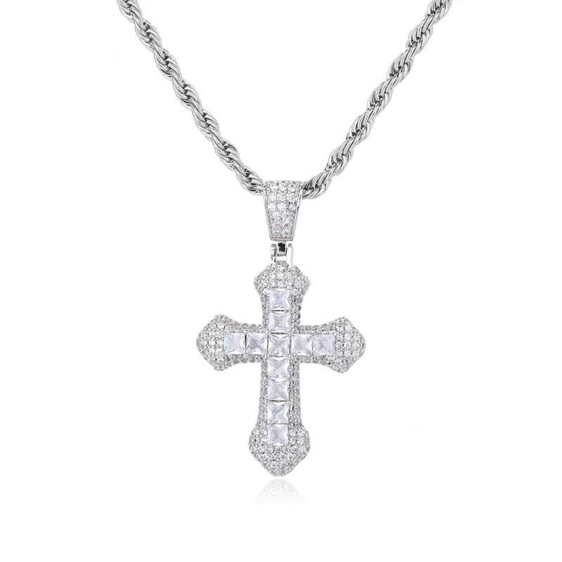 Stainless Steel Cross Pendant Necklace Men Women Hip Hop Style Full Zircon Crystal Chain Jewelry