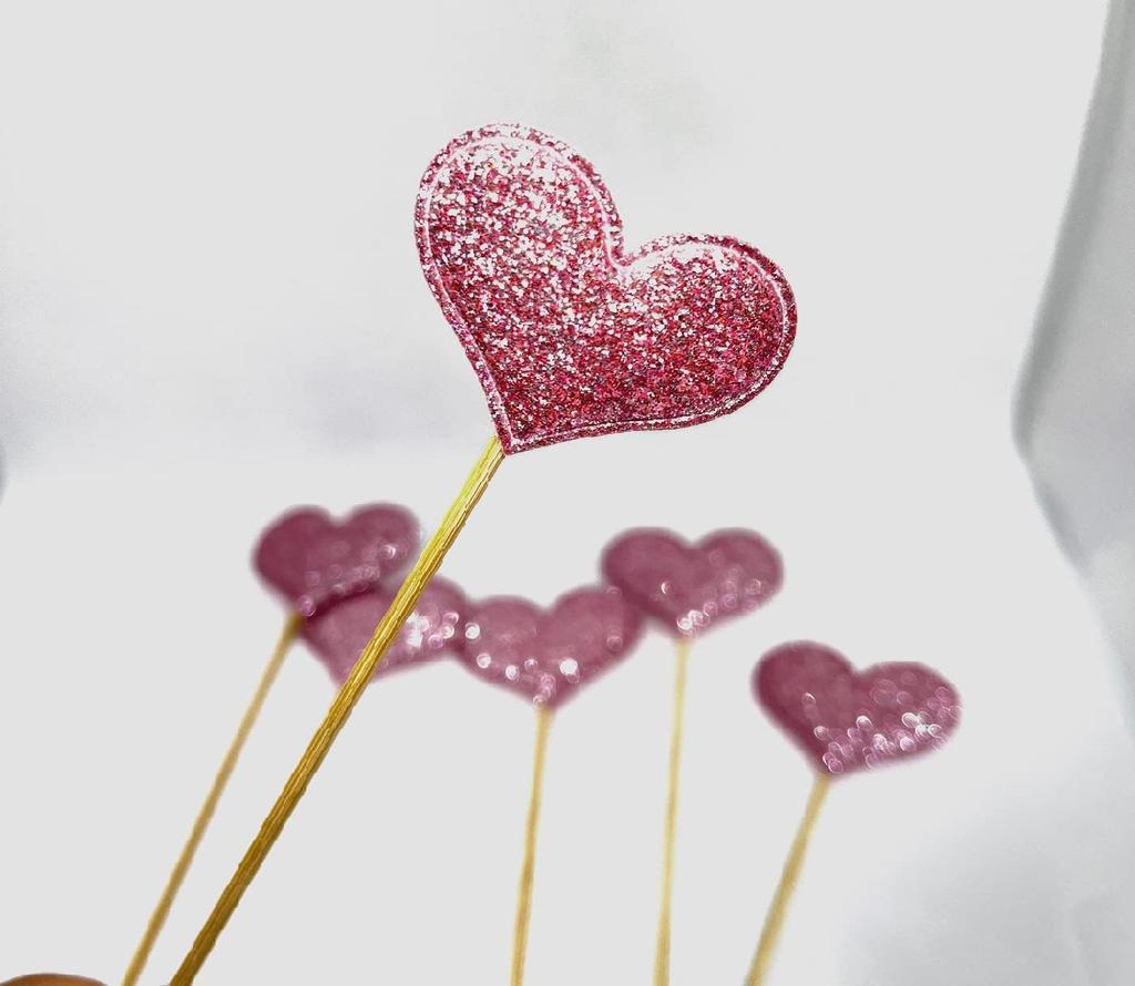 100pcs Glitter Pink Heart Cake Toppers Heart Cupcake Toppers Valentine's Day for Sweet Love Theme Wedding