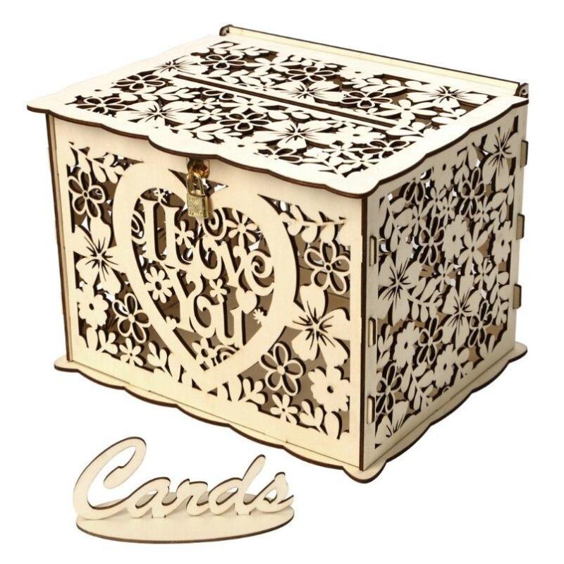 Wooden Elegant Wedding Cards Box Hollow Out Wedding Money Box with Lock for Romantic Wedding