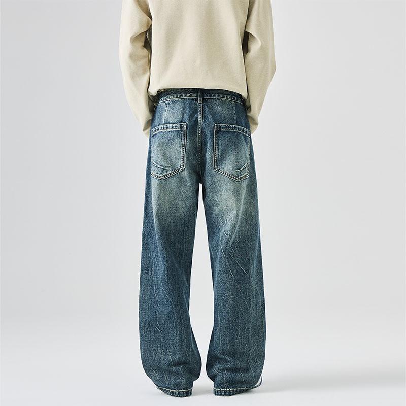 Vintage Deconstructed Jeans Mens American Streetwear Distressed Loose Drawstring Wide Leg Pants