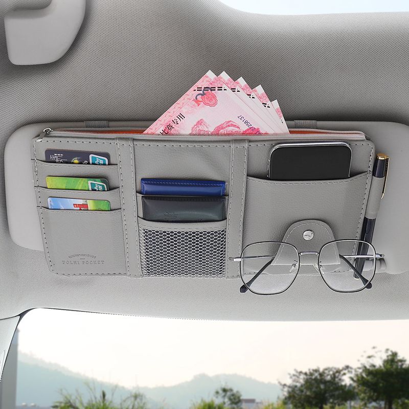 Car Glasses Storage PU Leather Multi-Function Sun Visor Point Organizer Storage Pocket Auto Sunglasses Holder Cards Organizer