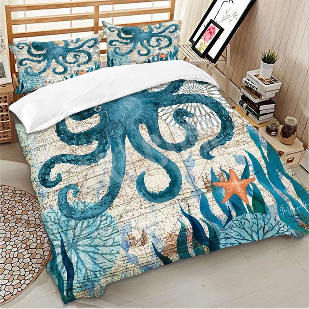 3D Starfish,Seaweed Duvet Cover+pillow Case Print Octopus Winter Home Bedding Set King Size Breathable Quilt Cover Set Blue AQ
