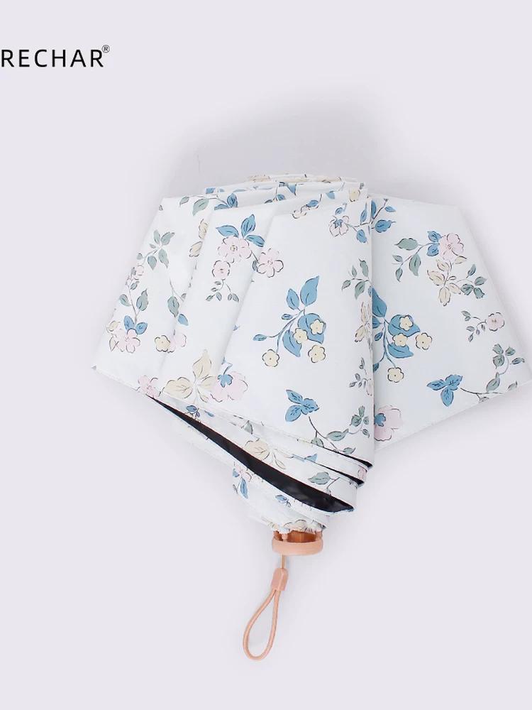 Export Ultra-Light Fiber Purple Floral Small Floral Umbrella, Three-Fold Folding, Black Coating, Sun Protection, Uv Protection, Windproof Umbrella