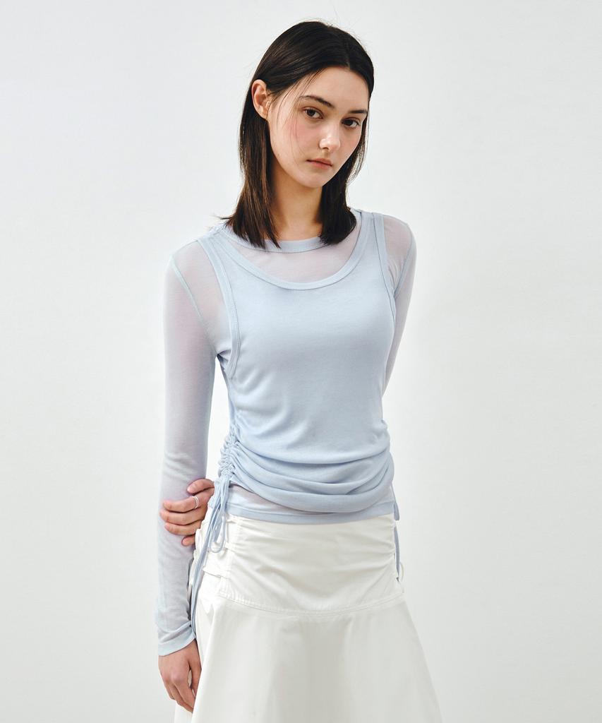 MONGDOL [Set] Side Shirred Layered T-Shirt Sky Blue Mdts067Skyblue