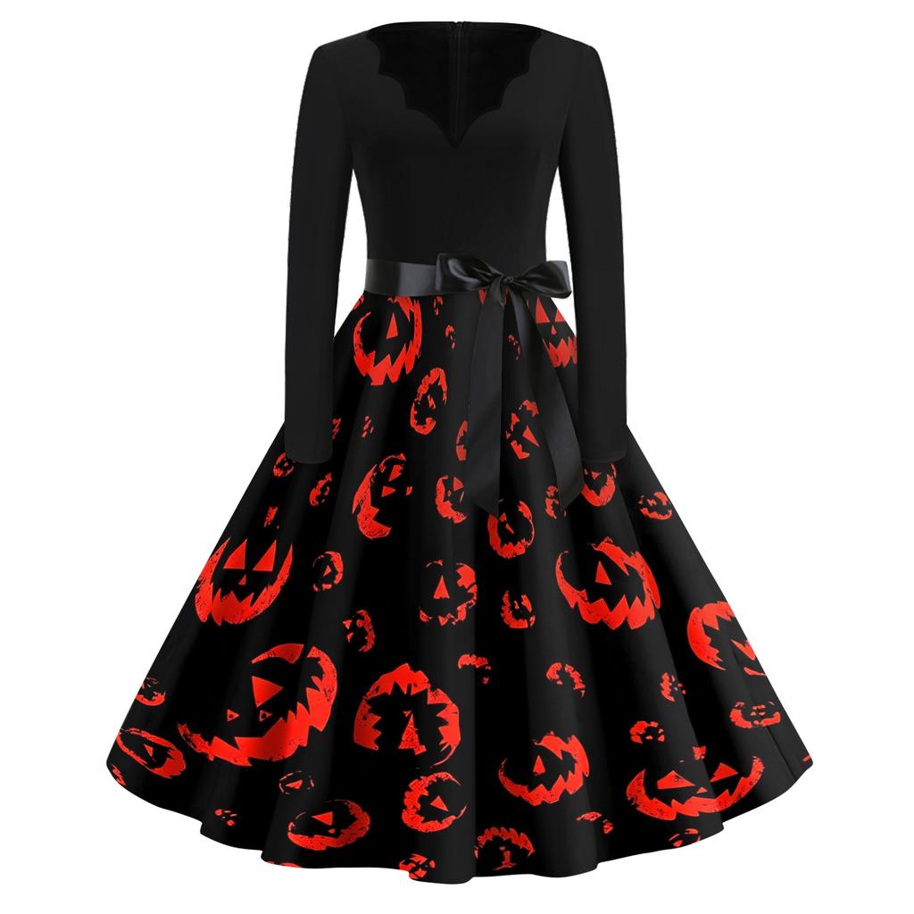 Women Casual Halloween Print V Neck Vintage Dress Long Sleeve Retro Style A Line Skater Dress with Waist Tie for Seasonal Events