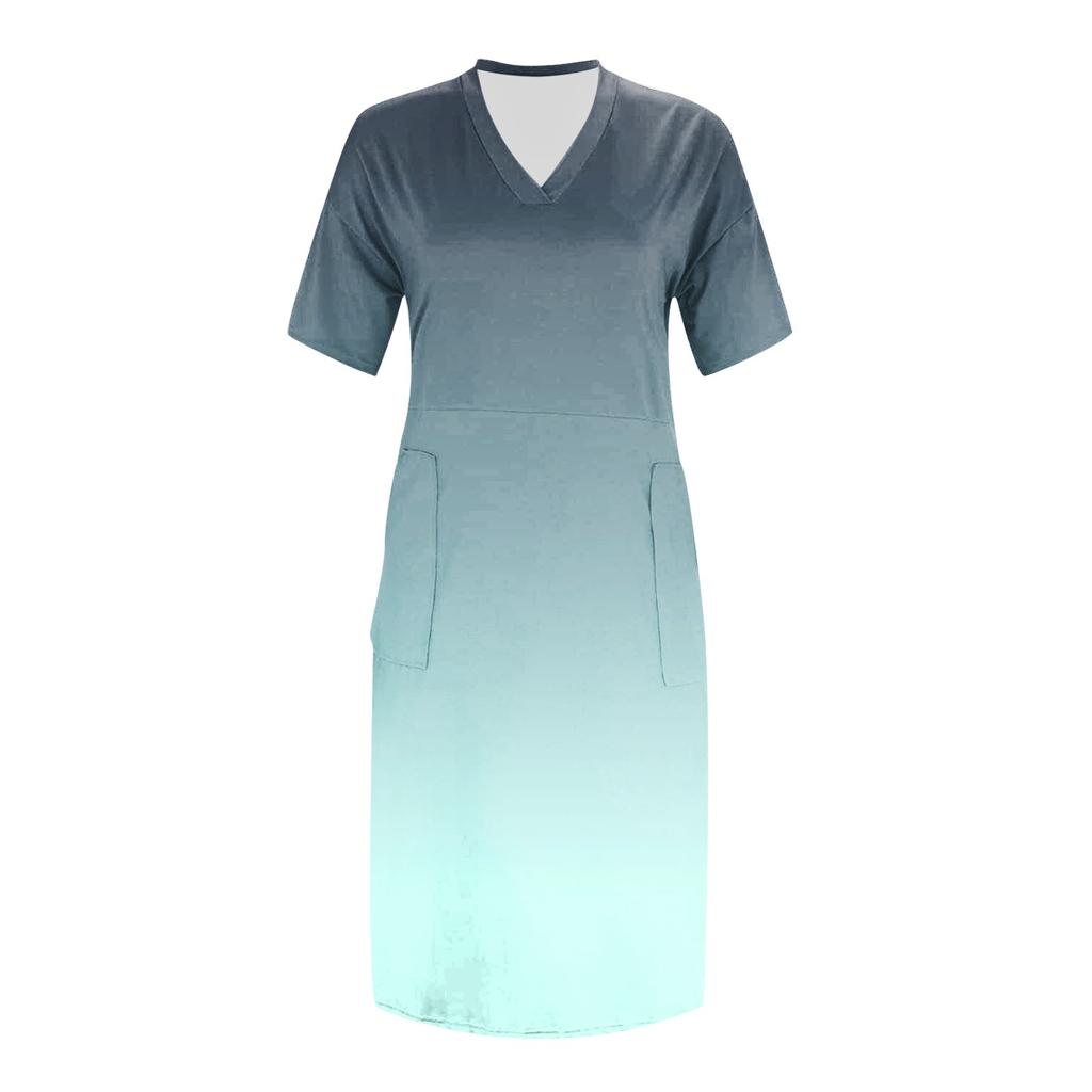 Лето плюс размер V-образным вырезом с коротким рукавом и карманом до колена с градиентным принтом повседневное платье для женщин