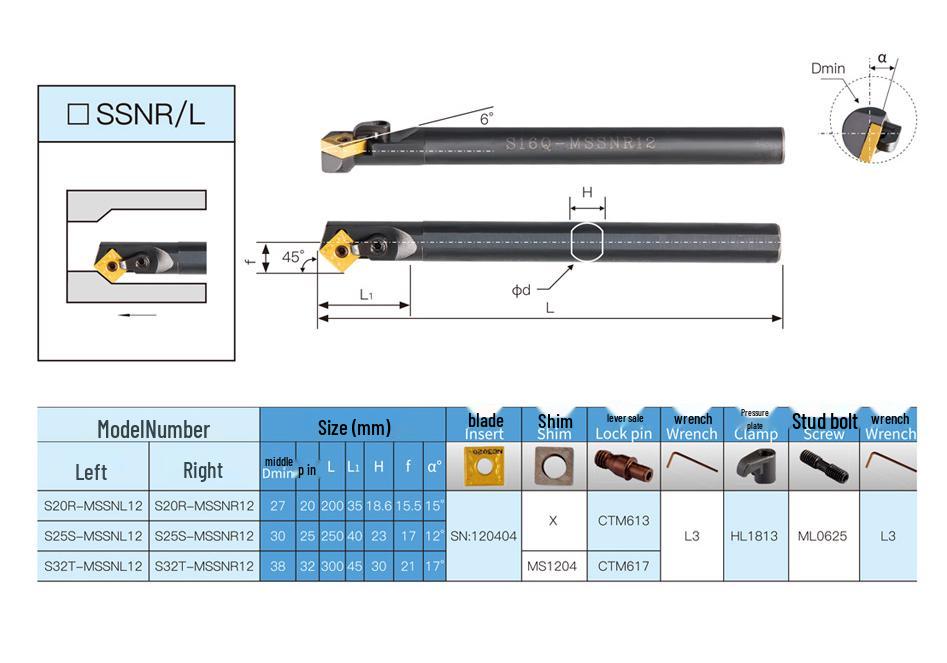 Держатель инструмента CNC с внутренним отверстием 45°: S20R/S25S/S32T-MSSNR12/MSSNL12