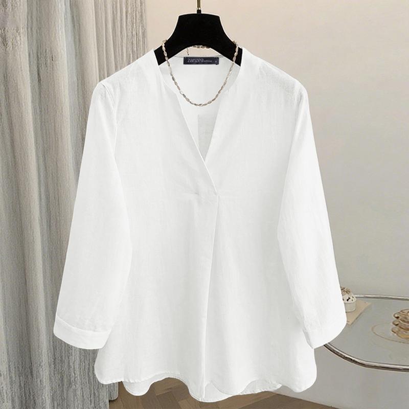 ZANZEA Women Casual V-Neck Solid Color Loose 3/4 Sleeve Cotton Blouse