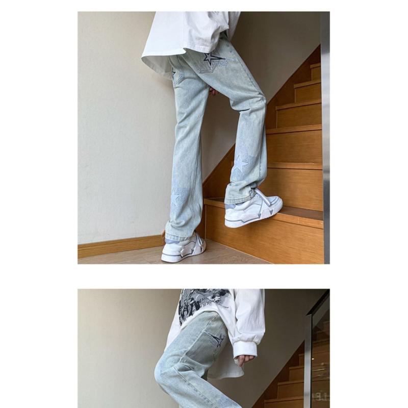 Брюки в американском стиле, уличные голубые джинсы со звездами и вышивкой, мужские брюки прямого кроя с дизайнерским смыслом