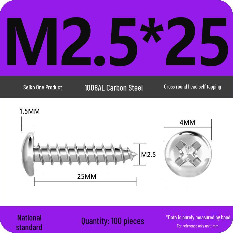 Galvanized Self-Tapping Screws, Round Head, White Zinc, PA Cross Pan, Pointed Tail M1.2-M4