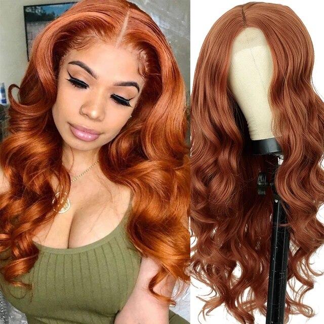 Long Body Wave Ginger Orange Wigs Synthetic Lace Wigs for Women Highlight Black Brown Middle Part Wig Cosplay Hair
