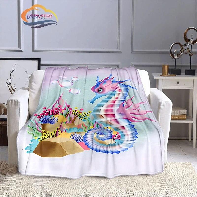 Marine Animal Sea Horse Blankets Super Soft Hippocampus Flannel Blanket Warm Lightweight Kids Bedding Sofa Chairs All Seasons
