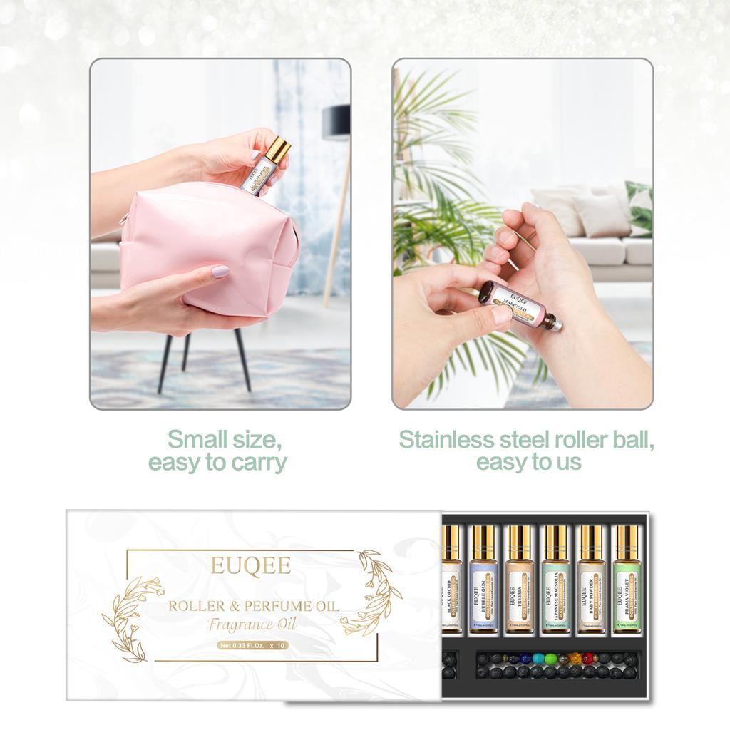 10Pcs EUQEE Roller Fragrance Oil Kit for Humidifier Massage Air Purifier DIY Perfume Roller Perfume Oil Gift Set with Diffuser Bracelet