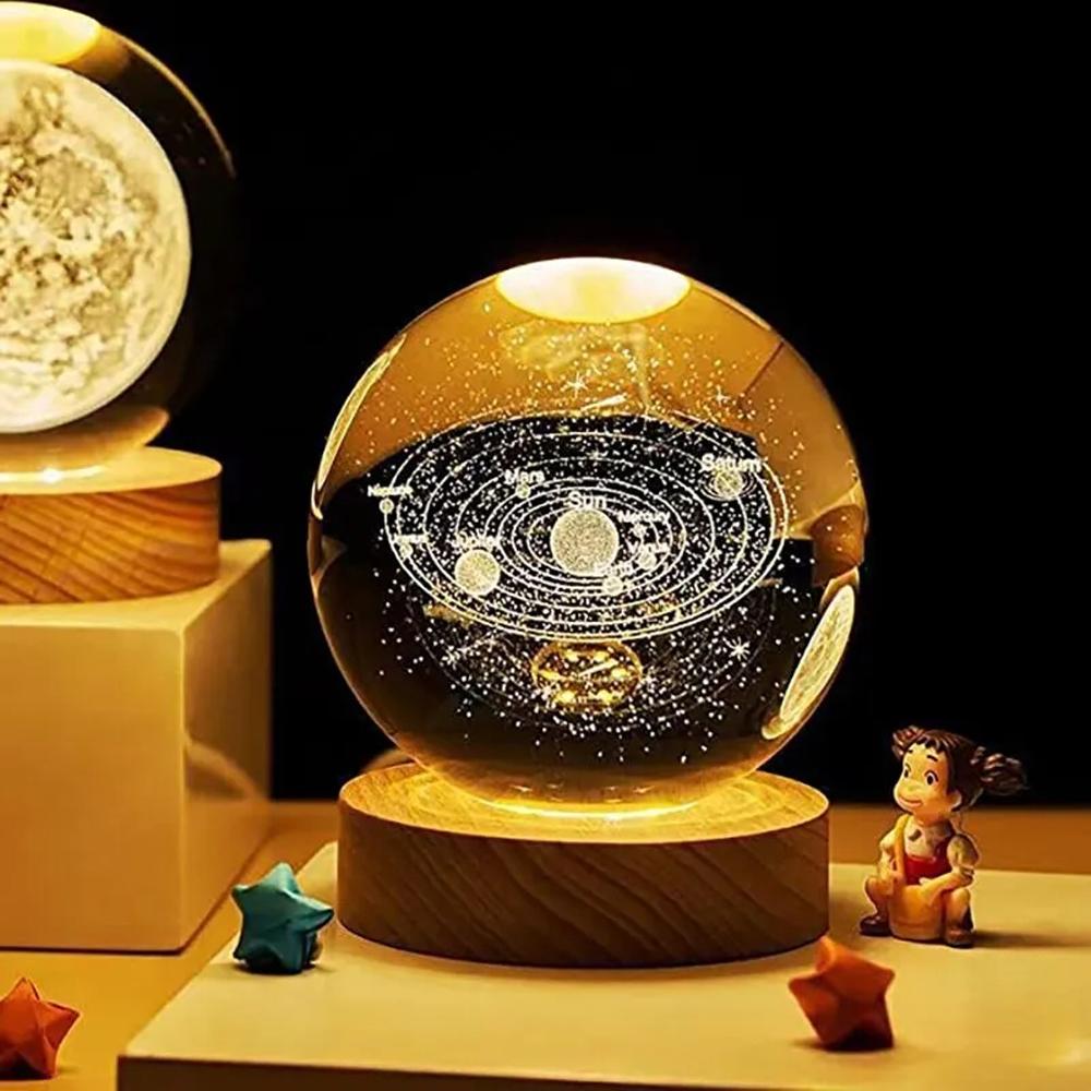 3D Galaxy Crystal Ball Lamp Лазерная гравировка Ночной светильник с деревянной основой для декора спальни,