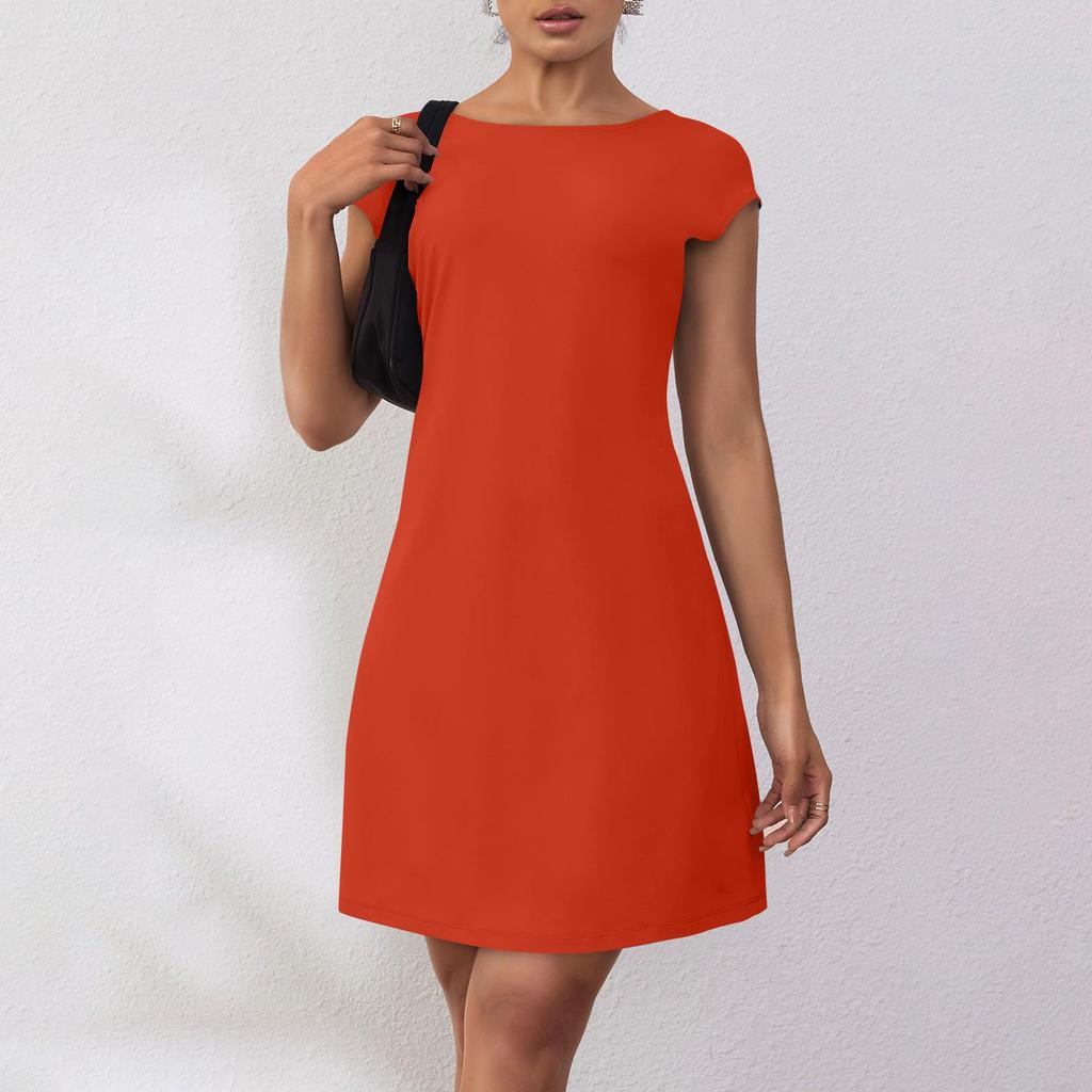 Женское летнее повседневное платье-футболка с открытой спиной и короткими рукавами, вечерние платья с круглым вырезом