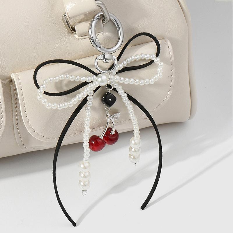 Подвеска-бантик для сумки с вишневой лентой, милый брелок, элегантный брелок с бусинами, простая сумка, подвесное украшение, аксессуары, подарки
