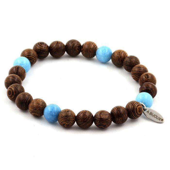 Stones and Minerals. Blue Chalcedony + Wood Bead Bracelet 8 Mm. Made In France.