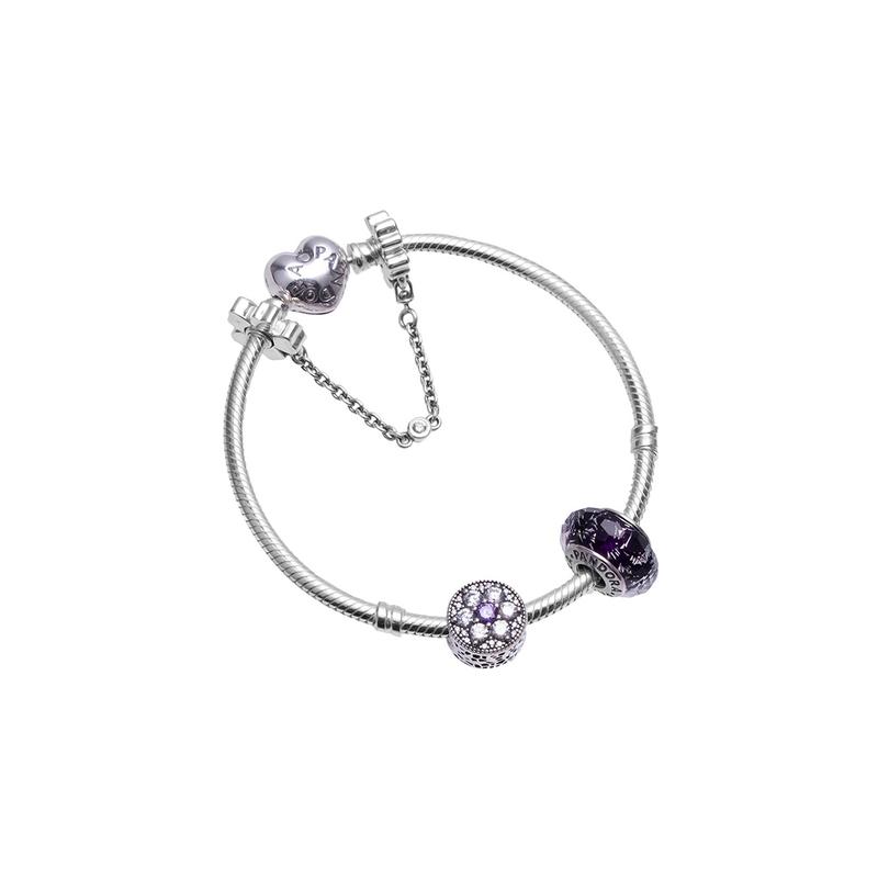 Pandora Purple Sparkling Glazed Forget-Me-Not Flower Safety Chain 925 Silver Bracelet Women's PAND00050-OP