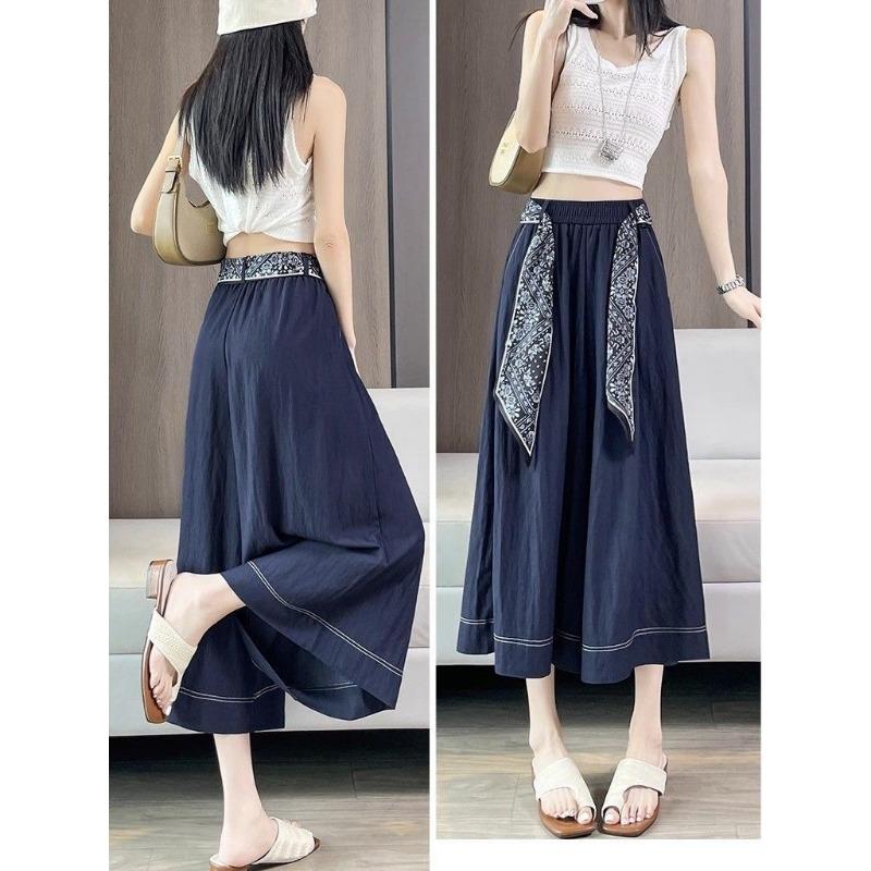 Women S High Waist Wide Leg Cropped Skirt Pants Summer Thin Blue Denim Style