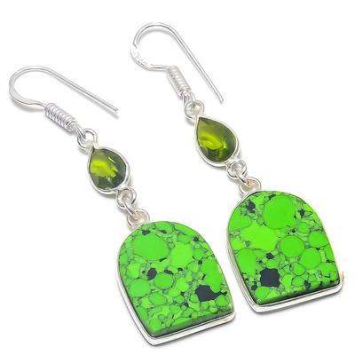 Серьги из серебра 925 пробы с натуральным зеленым бирюзовым камнем и перидотом 2,01 дюйма T3h89
