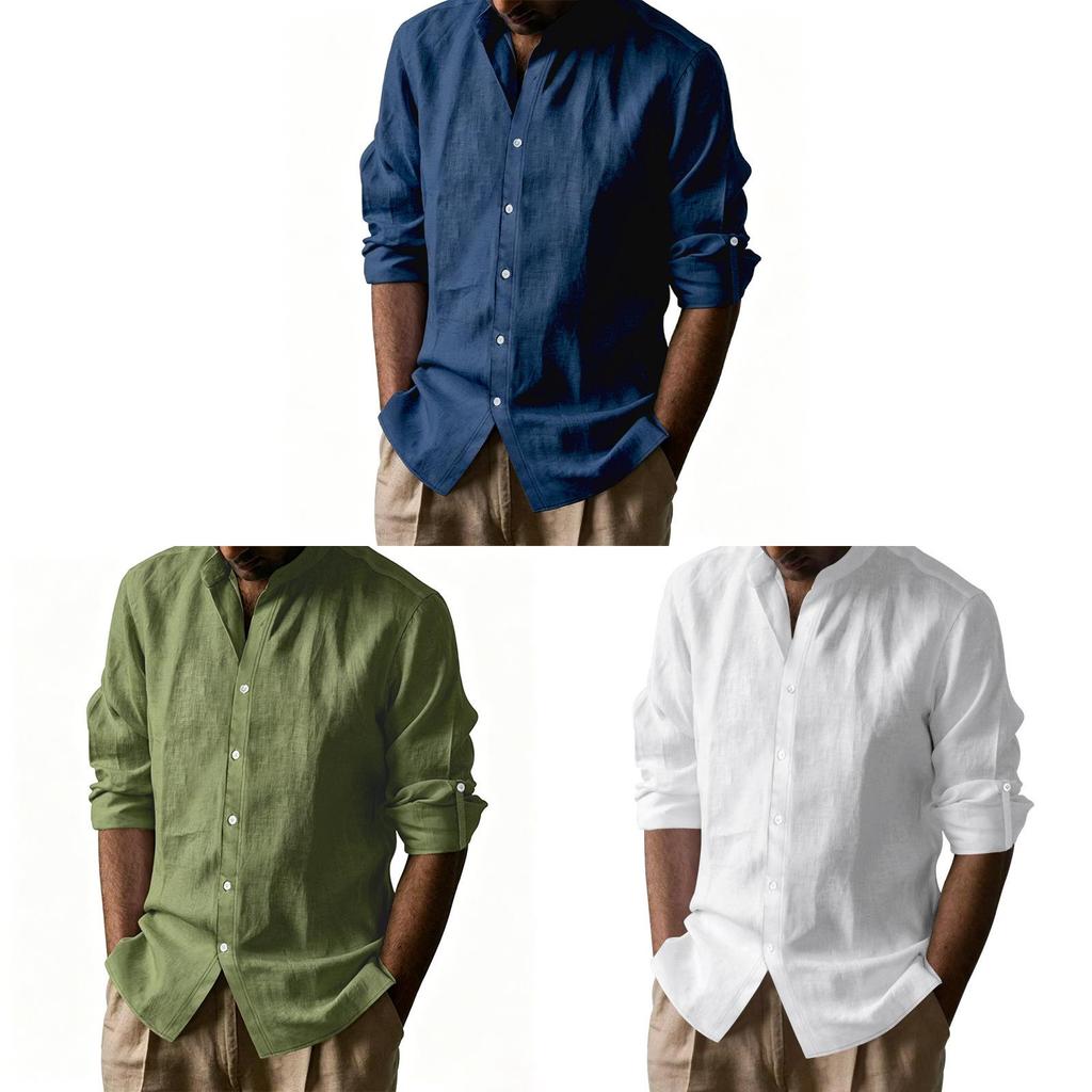Casual Mens Linen Cotton Long Sleeve Shirt With Breathable Henley Collar For Summer Wear
