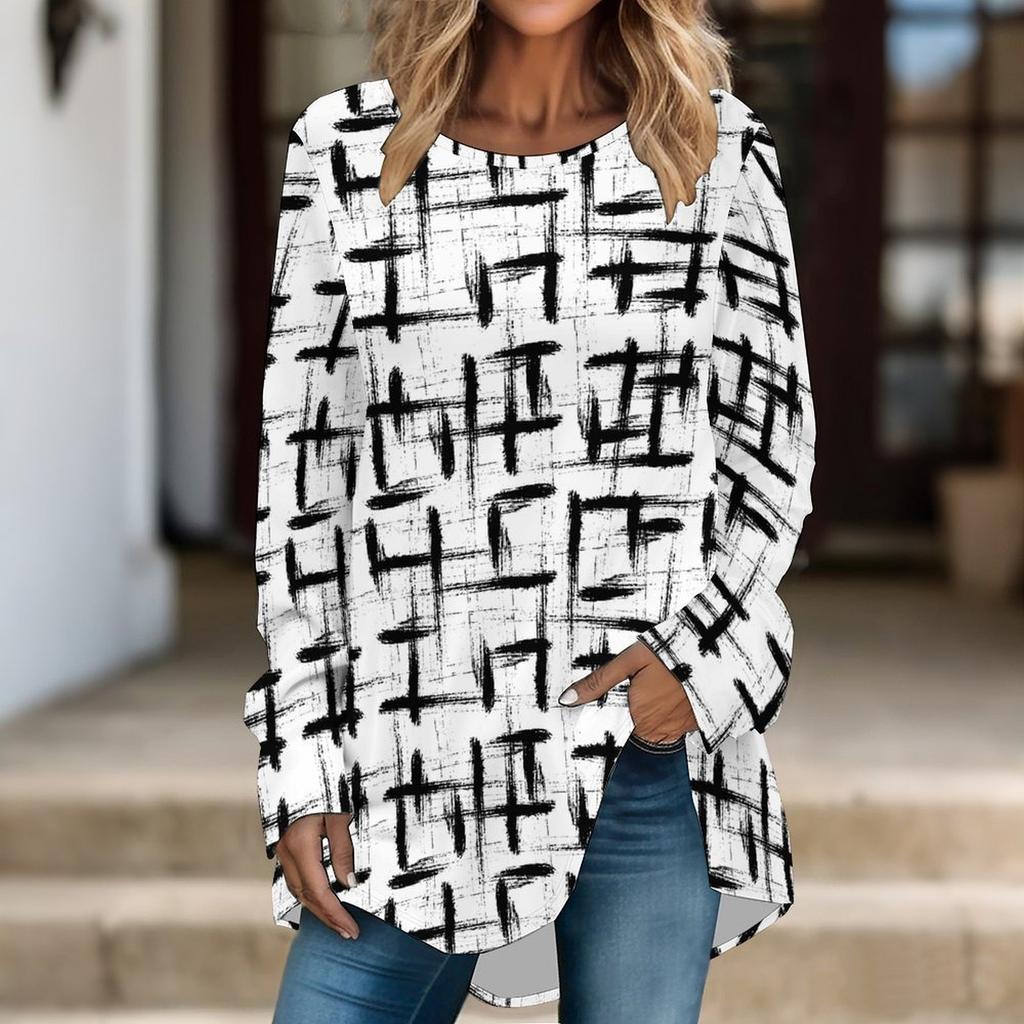 Женская туника с длинным рукавом, топ с принтом, круглый вырез, свободный крой, блузка с карманами, повседневная одежда, женские топы