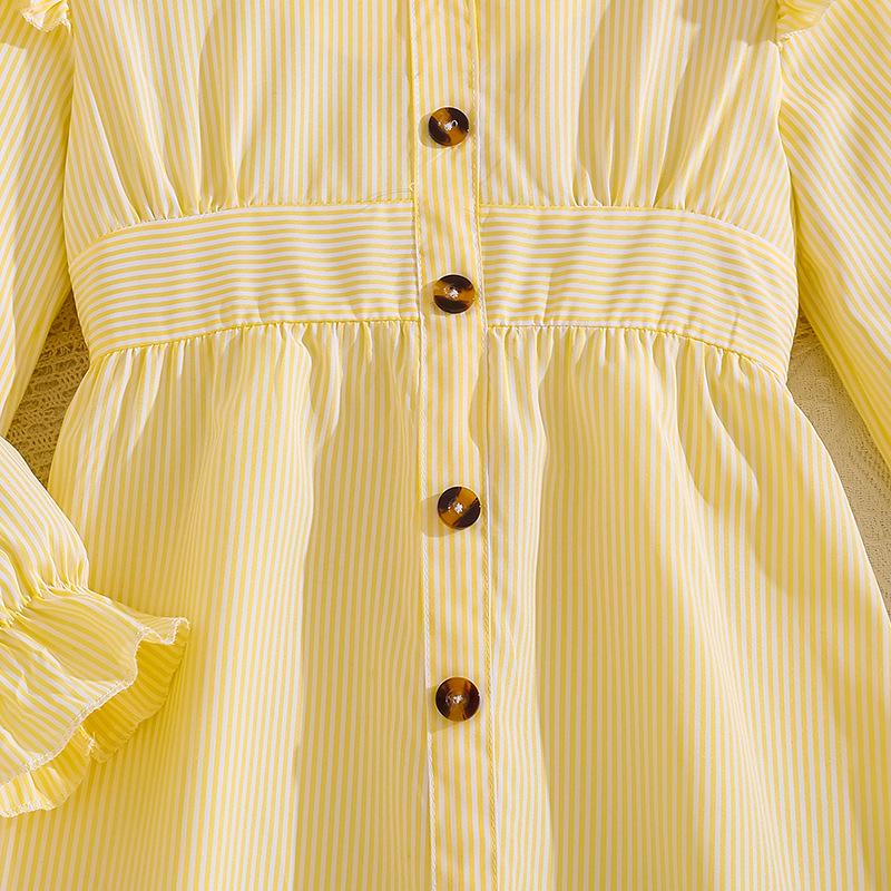 Elegant Striped V-Neck Lace Dress for Big Kids - Autumn European & American Style