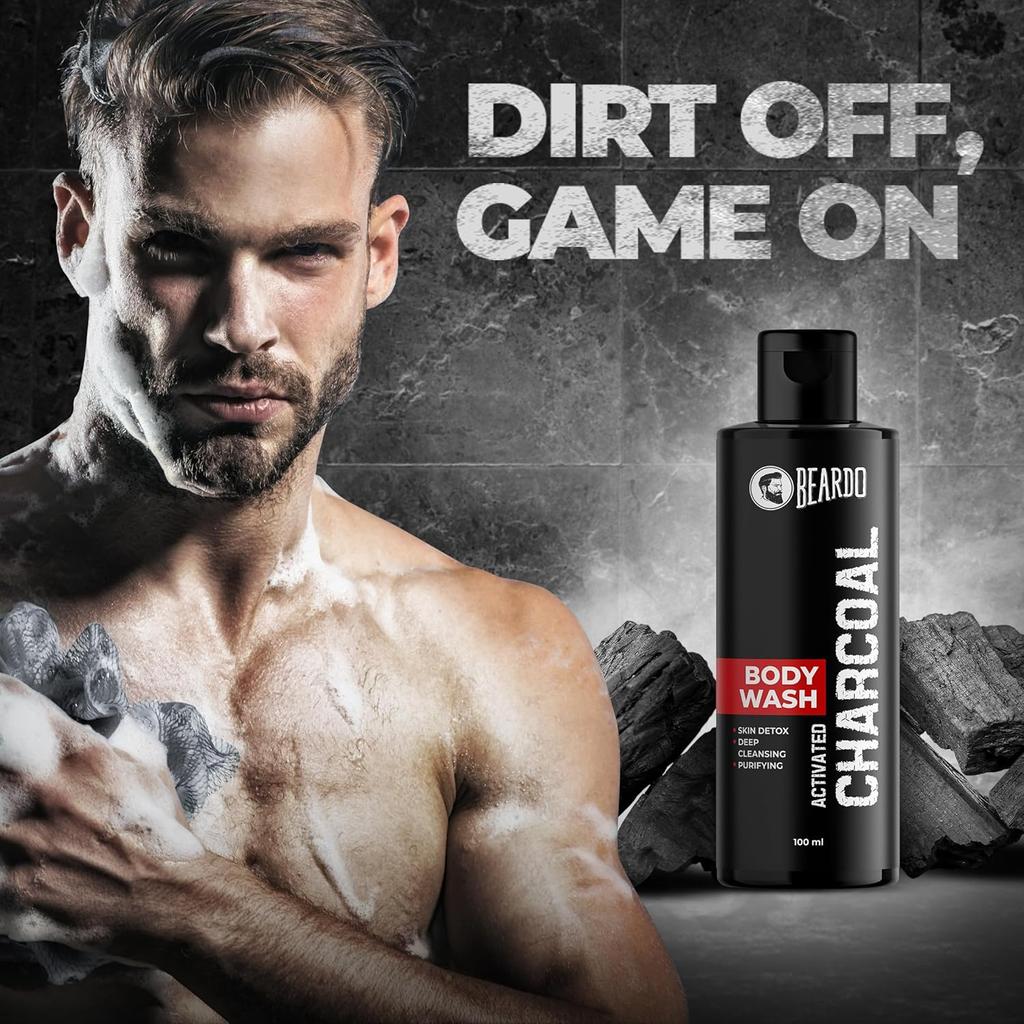 Beardo Activated Charcoal Body Wash100ml With Silicone Scrubber For Men Deep Cleaning Oil Control Daily Use Set 1