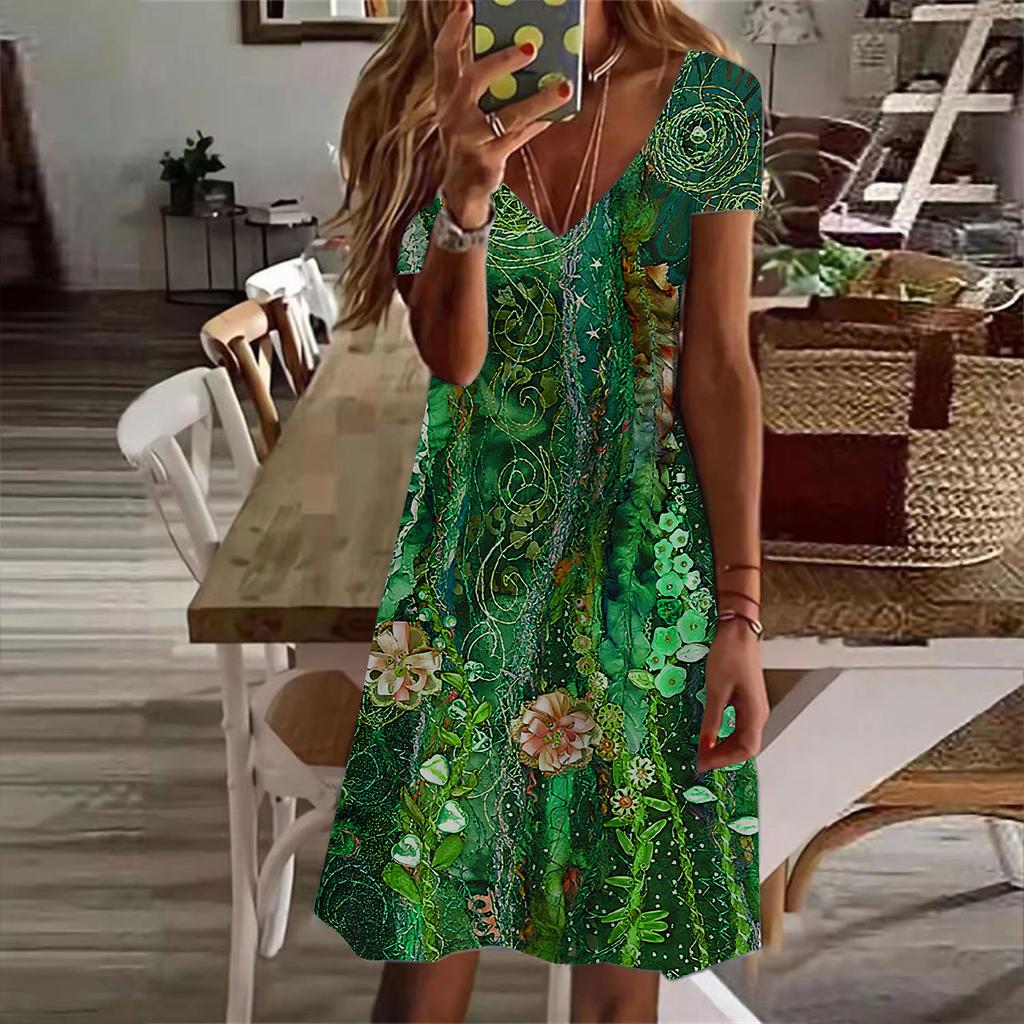 Летняя мода женские V-образный вырез короткий рукав цветочный принт платье сексуальные короткие юбки платья