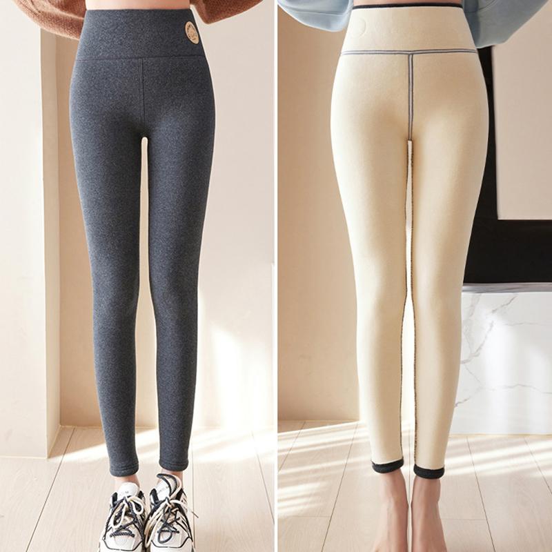 Однотонные леггинсы на флисовой подкладке - Зимняя базовая модель Облегающий крой Смесь полиэстера со средней эластичностью, Вязаные укороченные теплые леггинсы