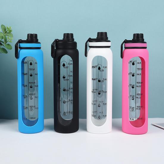 Стеклянная бутылка для воды с силиконовым чехлом, с отметкой времени, 1000 мл, герметичная, из боросиликатного стекла, стакан для воды для спорта, фитнеса, офиса, не содержит БФА, идея для подарка для напитков