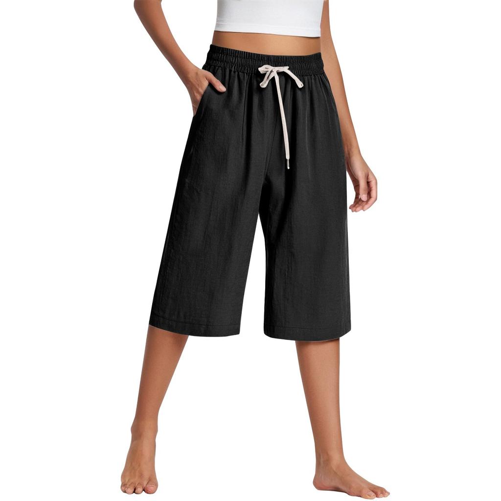 Женские широкие брюки с карманами, легкие, с высокой талией, свободные, укороченные брюки с поясом