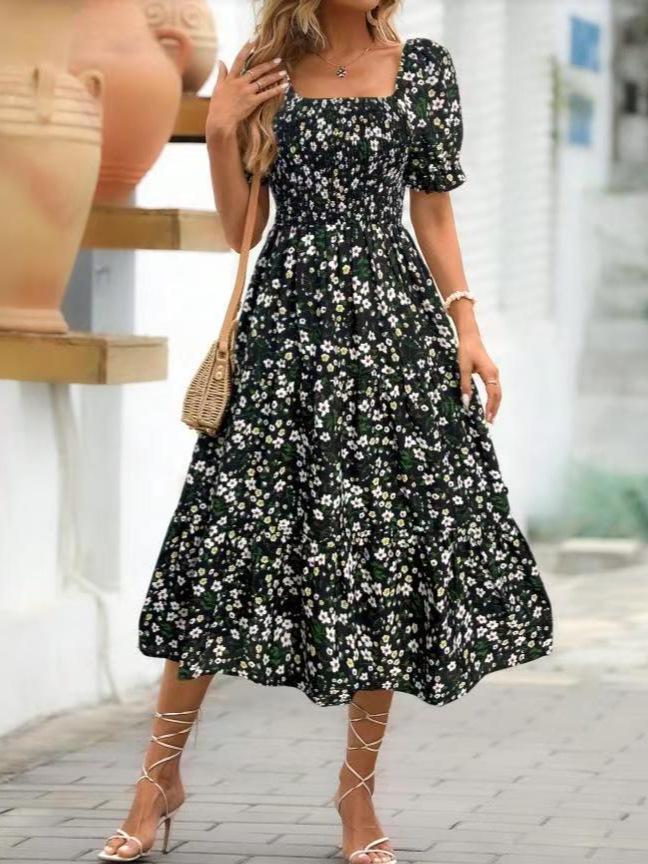 Европейско-американское женское платье с принтом, коротким рукавом, квадратным вырезом, пышными рукавами, многослойное