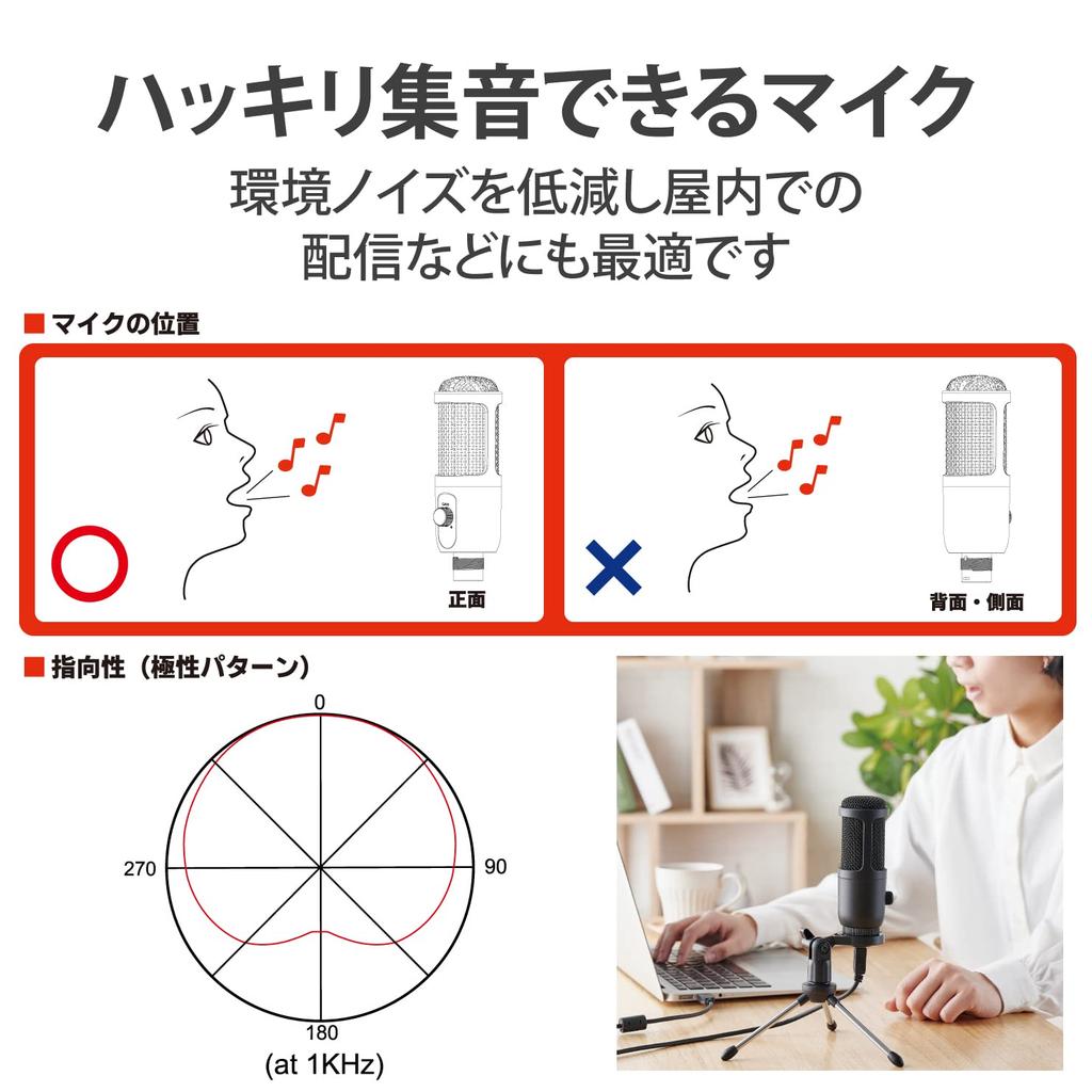 ELECOM HS-MC12UBK Condenser Microphone with USB Connection, Gain Control, Windscreen, and Mini Tripod, Black