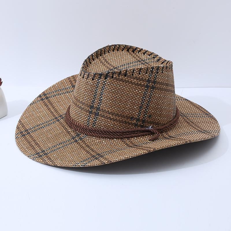 British plaid men's top hat summer outdoor travel sun protection visor hat big edge denim straw hat fishing summer cool hat