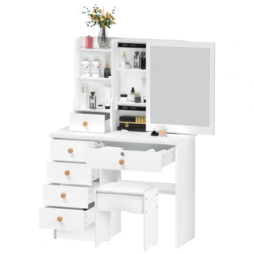 Makeup Vanities Vanity Desk with Sliding Mirror, Bedroom Dressing Table, Makeup Desk with 6 Drawers Bedroom Furniture