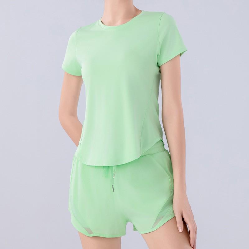 Женский летний быстросохнущий спортивный комплект из сетки: Дышащий топ с коротким рукавом свободного кроя для бега, тренировок и йоги