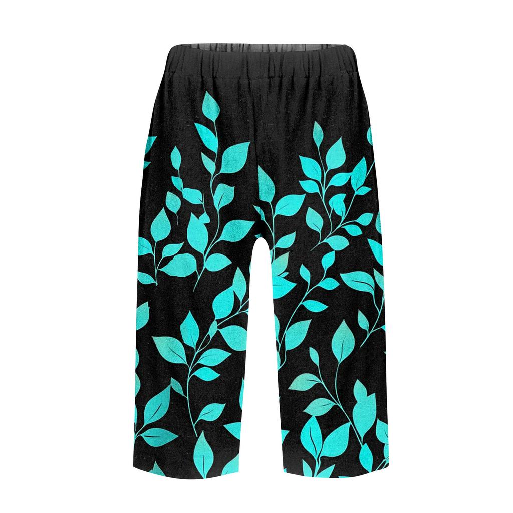 Women's Fashion Printed Pocket Elastic Waist Casual 5/10 Pants