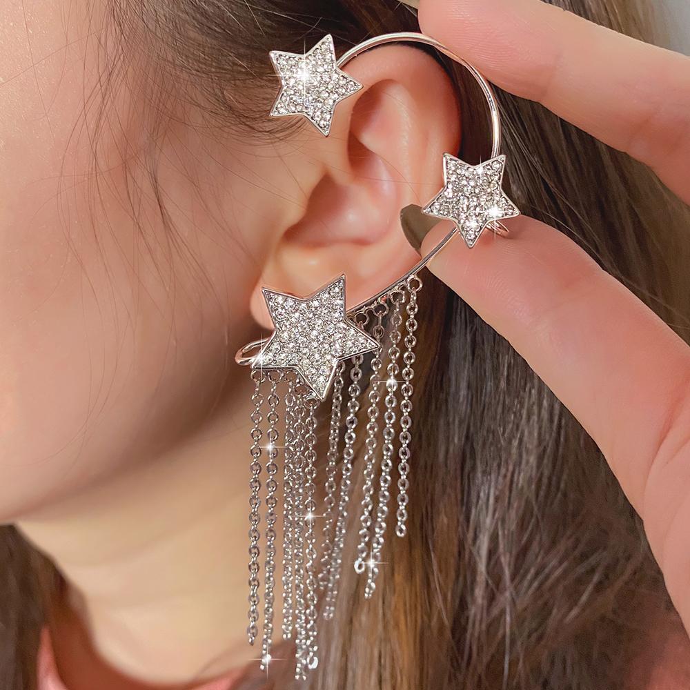 Звезда-вспышка, стразы, клипсы для ушей, модные элегантные темпераментные подвески с кисточками, женские очаровательные серьги для вечеринки в ночном клубе