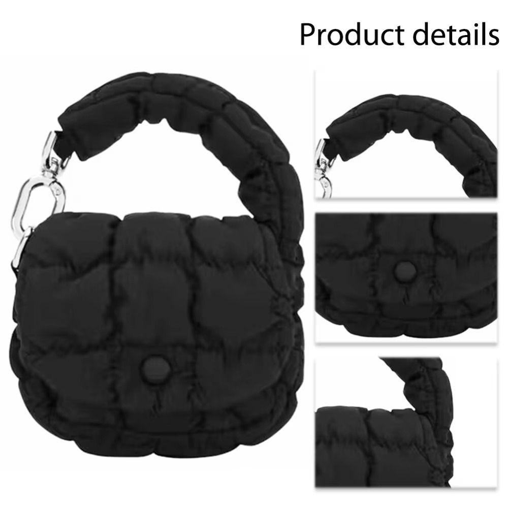 Fluffy Mini Pleated Handbag Black White Lightweight Quilted Headphone Bag Soft Padded Button Closure Waist Pack Bag Charm