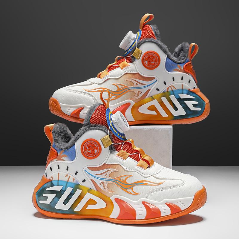 Зимняя новинка 2025 года, детские хлопковые туфли, бархатные теплые и холодостойкие баскетбольные кроссовки для мальчиков и девочек, спортивная обувь для студентов с вращающейся пряжкой