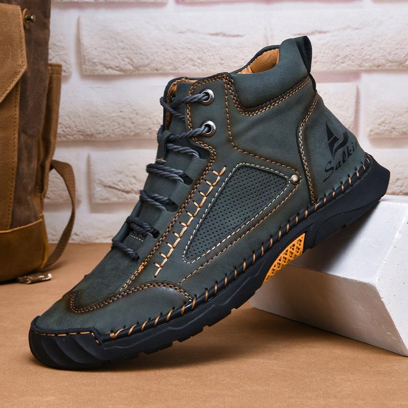 2025 New Large Size Men's Leather Boots Fashion Hand-stitched Ankle Boots Flat Short Boots Lace-up Casual Shoes