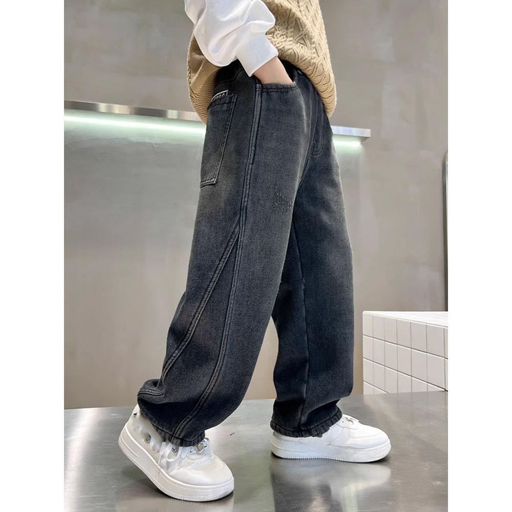 Boys Denim Pants Solid Elastic Wiast Trousers Children Jeans Loose Wide-leg Pants Teenager Casual Straight Trousers