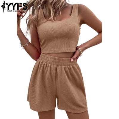 Женские модные повседневные летние весенние однотонные принтованные безрукавки с U-образным вырезом брюки костюмы