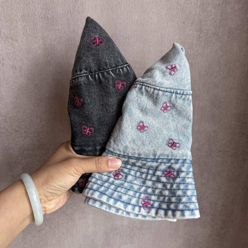 Summer Sun Shade Bucket Hat With Cotton Denim Material And Embroidered Cartoon For Women