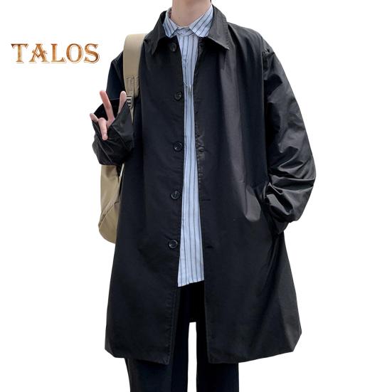 Мужская ветровка, пальто с лацканами, длинный рукав, двубортный тренчкот с карманами, однотонный, свободный крой, повседневная верхняя одежда средней длины